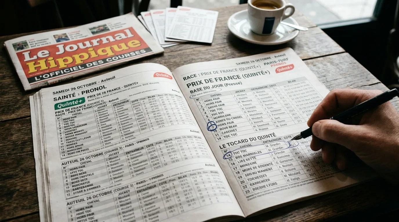 Journal hippique ouvert sur une table avec un stylo entourant la base et le tocard du quinté du jour