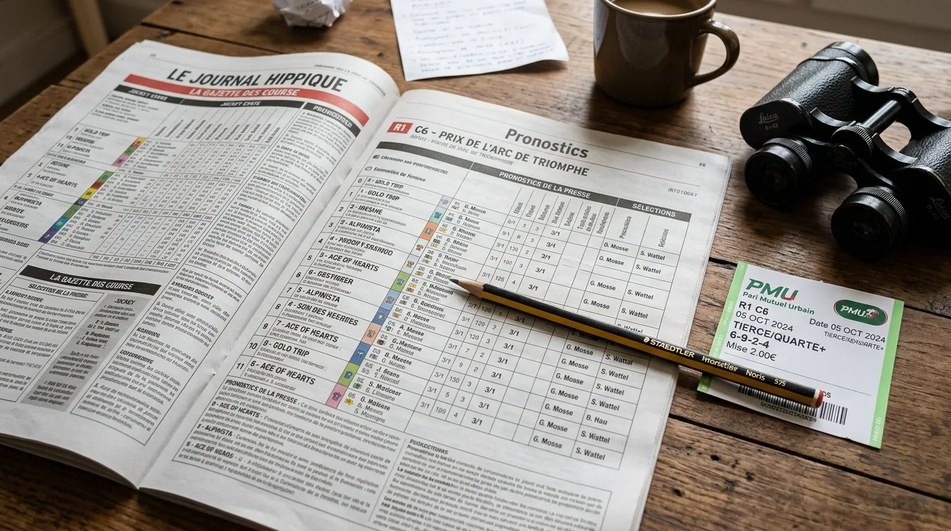 Page de journal hippique ouverte sur une table avec un crayon posé sur les colonnes de pronostics et un ticket PMU à côté