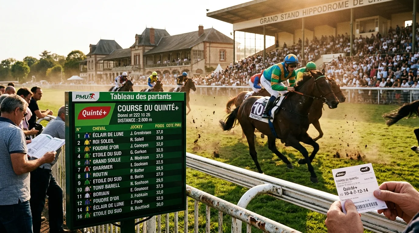 Tableau des partants d'une course Quinté+ affiché sur un écran PMU avec grille de paris en premier plan