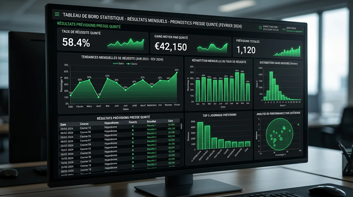Tableau de bord statistique affichant les résultats mensuels des pronostics presse quinté avec graphiques de tendance et pourcentages de réussite