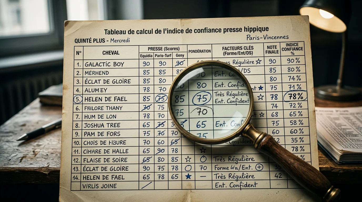 Tableau de calcul de l'indice de confiance presse hippique avec colonnes de scores pondérés pour chaque cheval du quinté