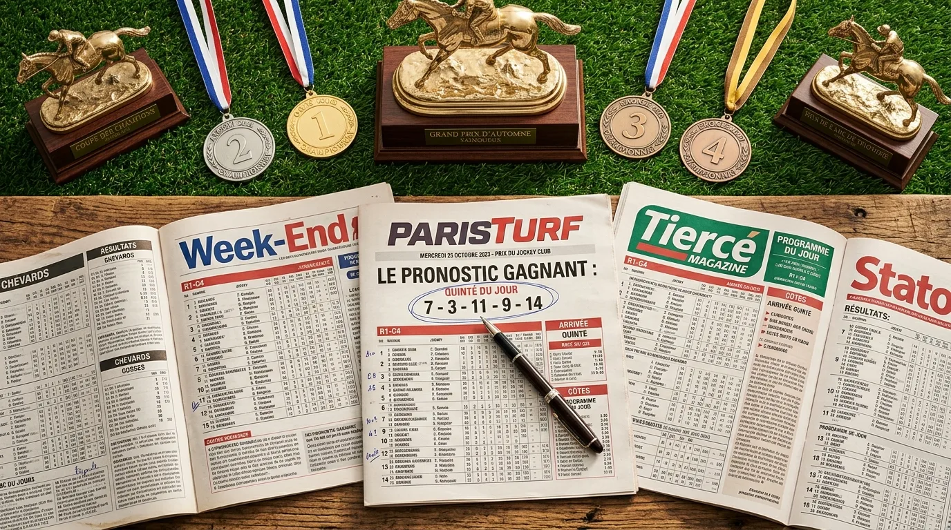 Tableau comparatif de journaux hippiques ouverts sur une table avec un stylo entourant les pronostics gagnants du Quinté du jour