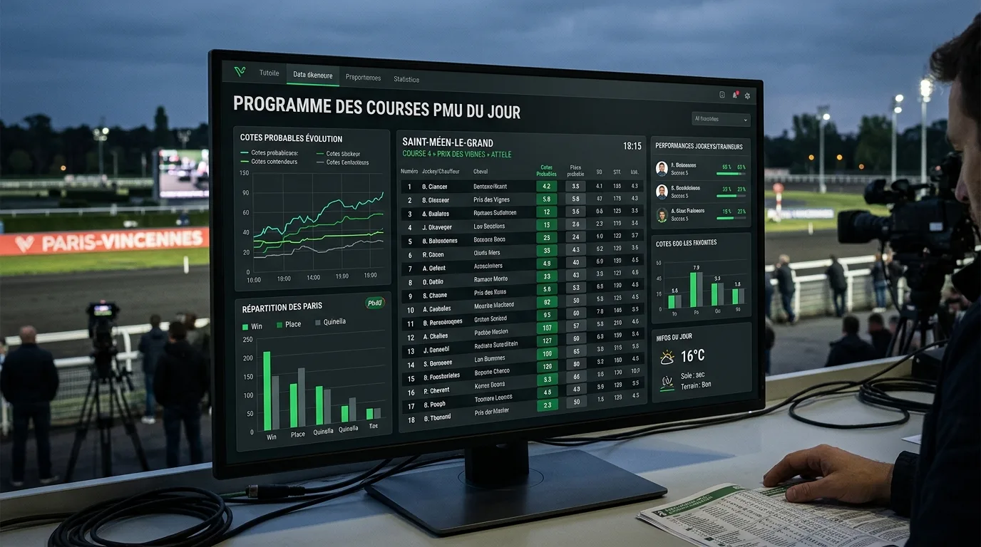 Tableau d'affichage du programme des courses PMU avec numéros de partants et cotes probables sur un hippodrome français