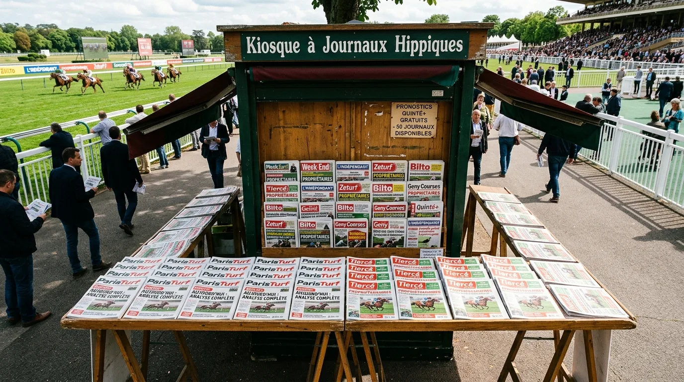 Kiosque à journaux hippiques avec exemplaires de Paris Turf et Tiercé Magazine étalés devant un hippodrome français