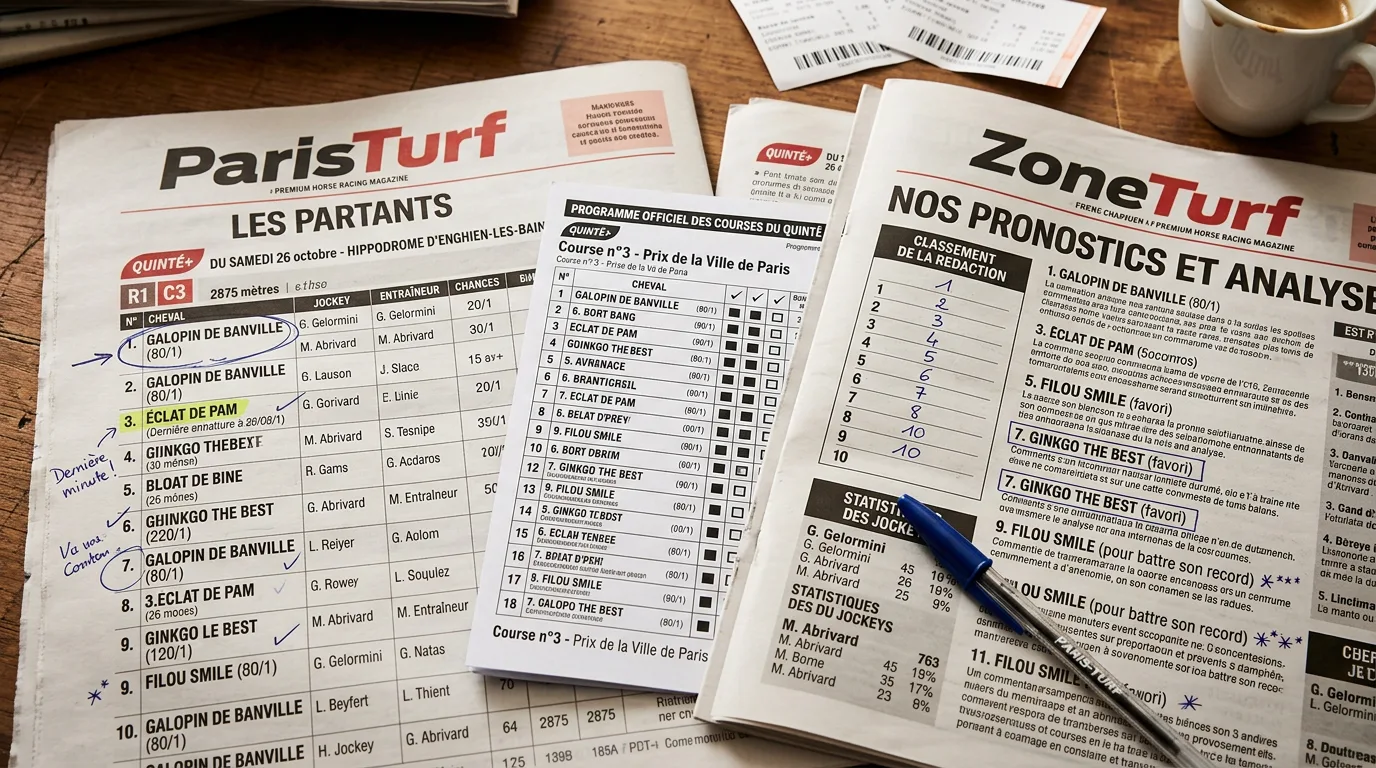 Deux journaux hippiques ouverts côte à côte sur un bureau avec un programme de courses du Quinté et un stylo de notation