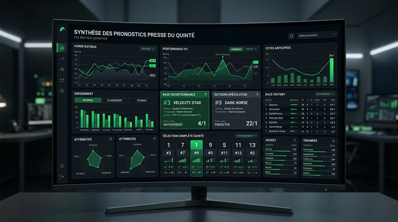 Tableau de synthèse des pronostics presse du quinté de demain avec base, outsider et cotes anticipées affichés sur écran