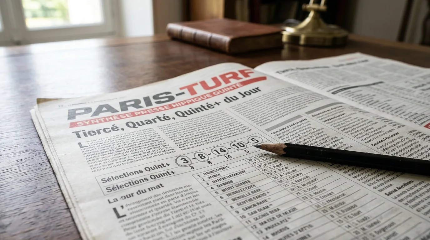 Journal de presse hippique ouvert sur une table avec un crayon entourant les sélections tiercé et quarté du jour