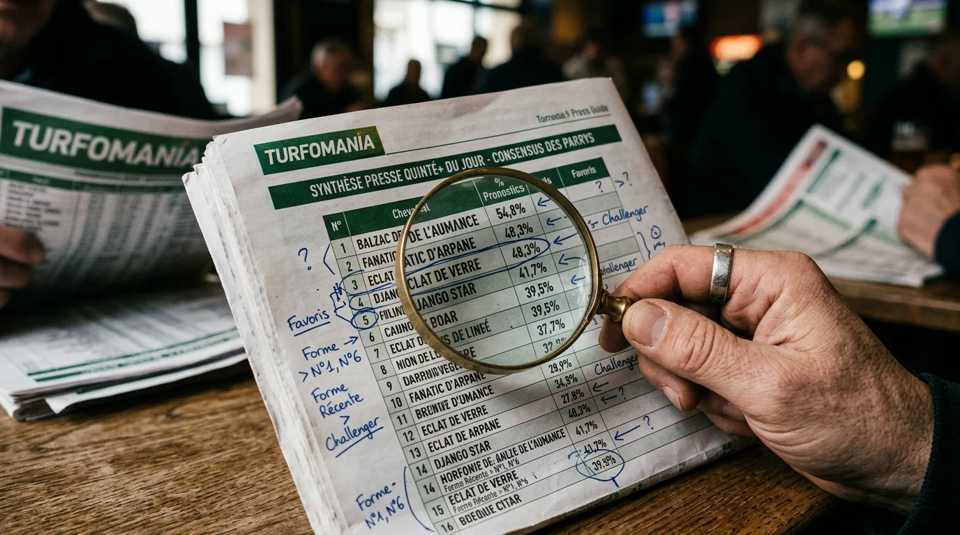 Écran de synthèse presse Turfomania affichant le consensus des pronostics Quinté du jour avec pourcentages par cheval