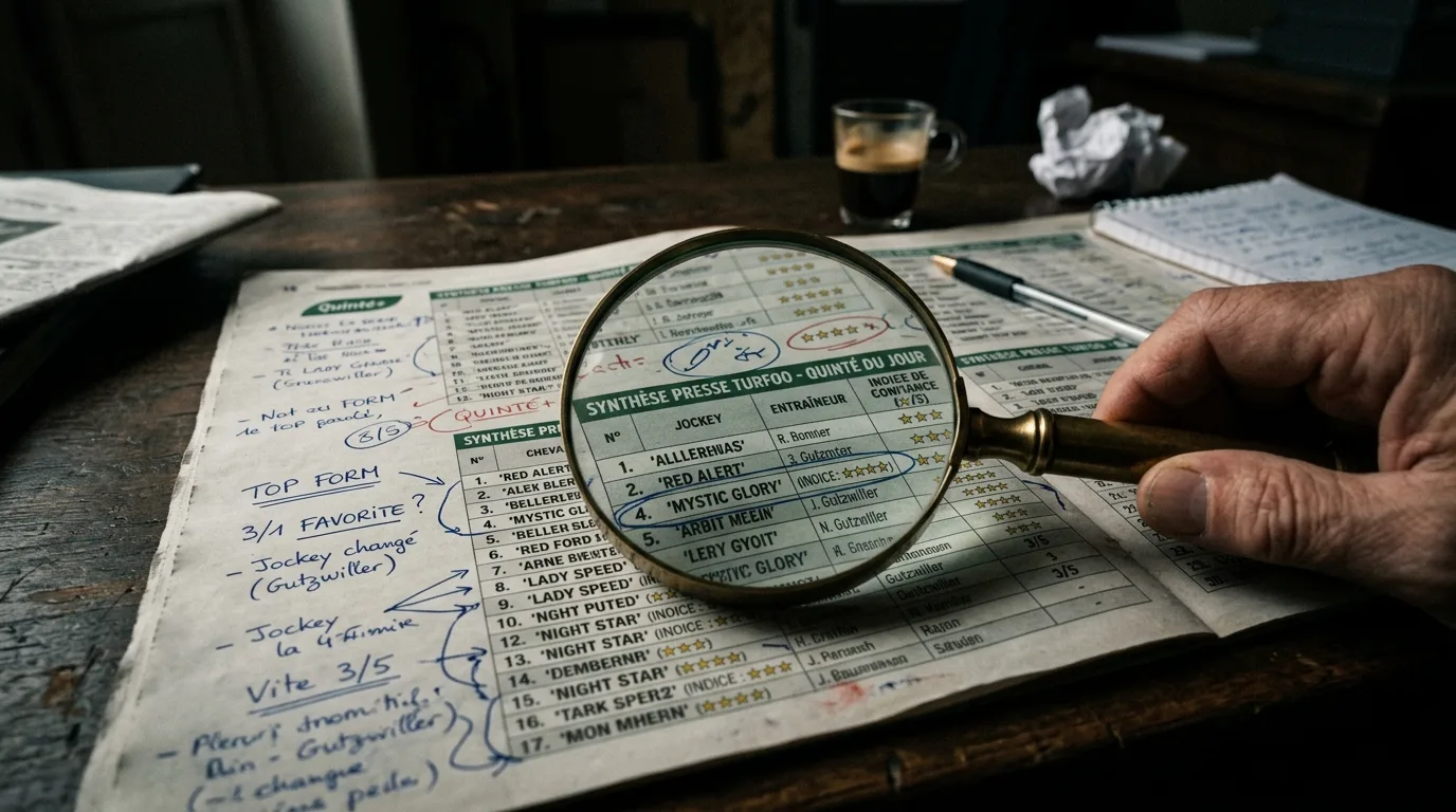 Capture d'écran de la synthèse presse Turfoo affichant les indices de confiance par cheval pour le Quinté du jour