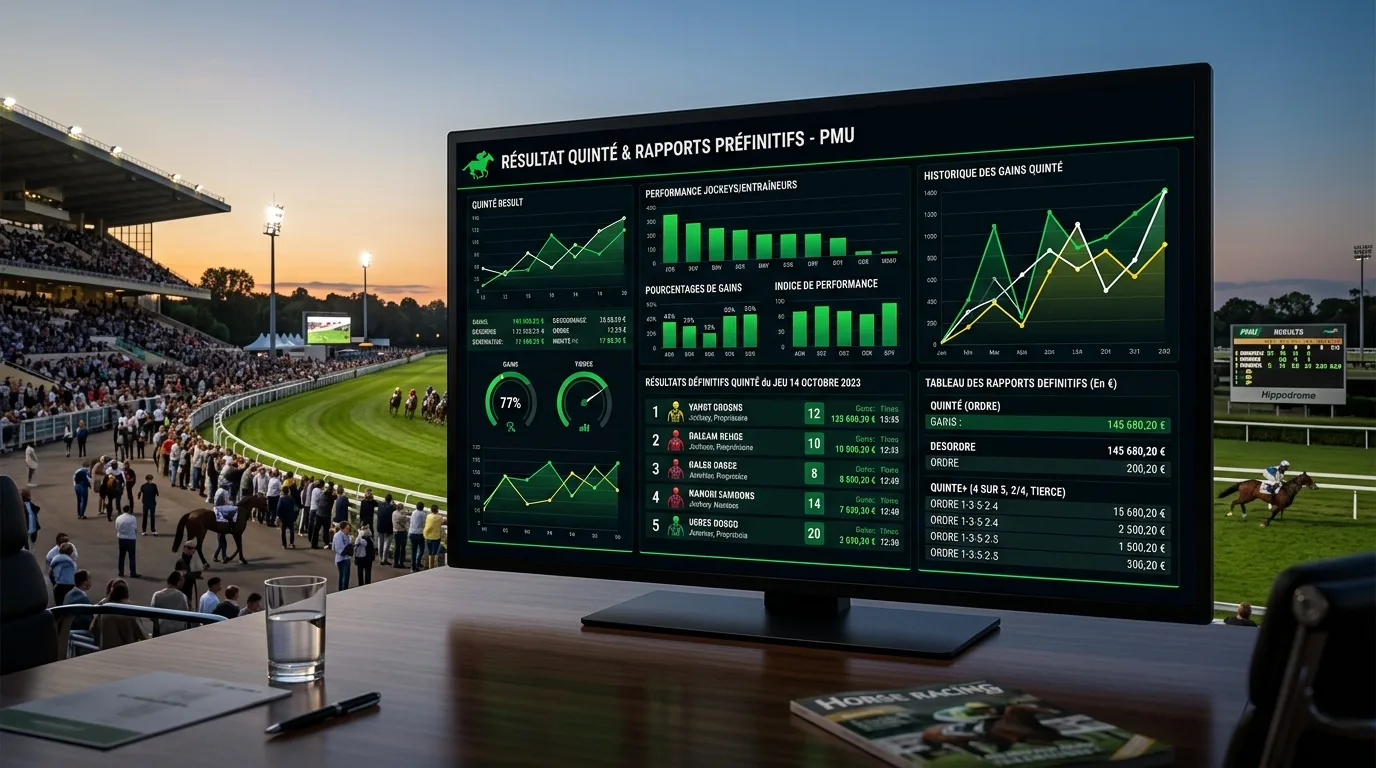 Tableau d'affichage des résultats quinté PMU avec rapports définitifs sur fond d'hippodrome